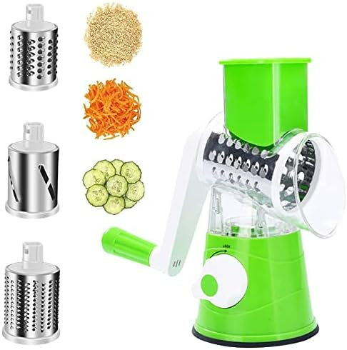 3-in-1 Drum Vegetable Cutter & Rotary Cheese Grater – Multifunctional Slicer with 3 Stainless Steel Blades for Vegetables, Fruits & Cheese