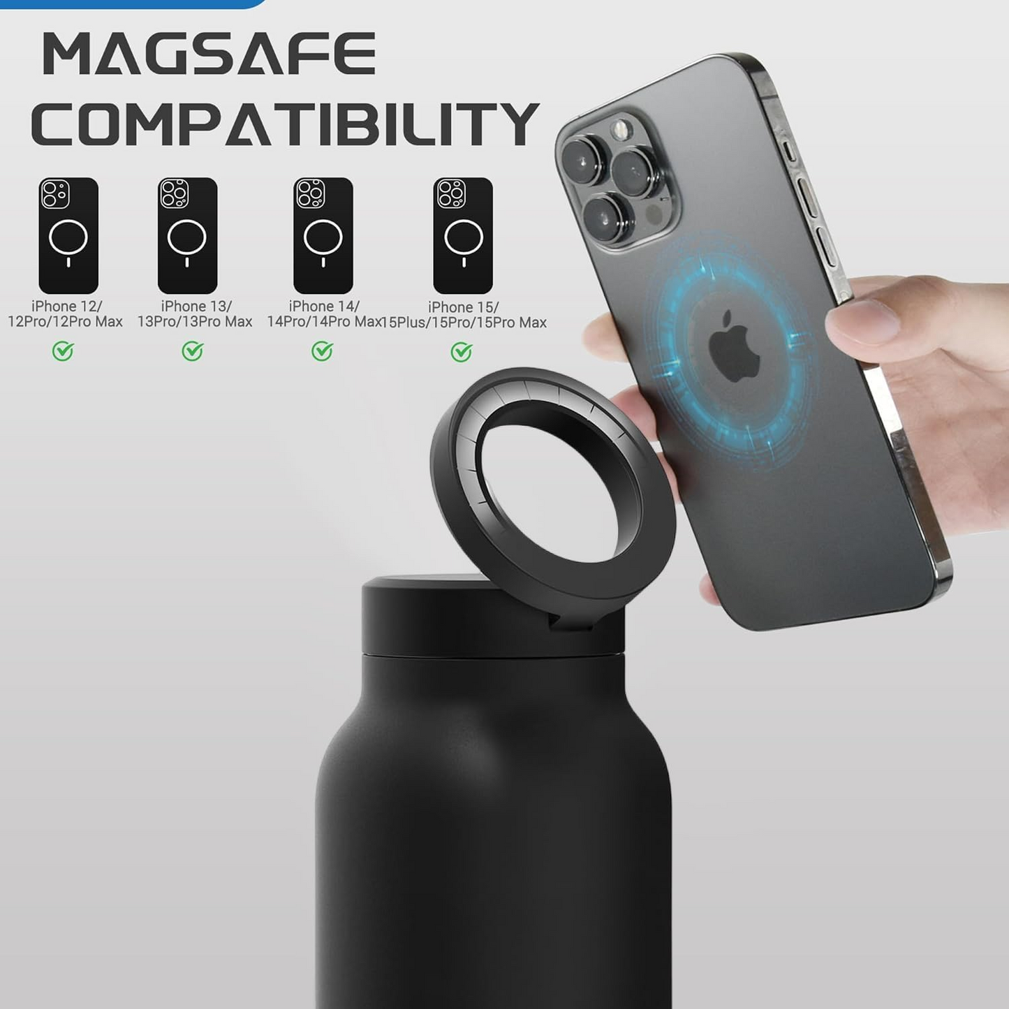 Insulated Water Bottle with Magnetic Phone Holder Stainless Steel Tumbler Compatible with MagSafe for Gym, Car, & Sports