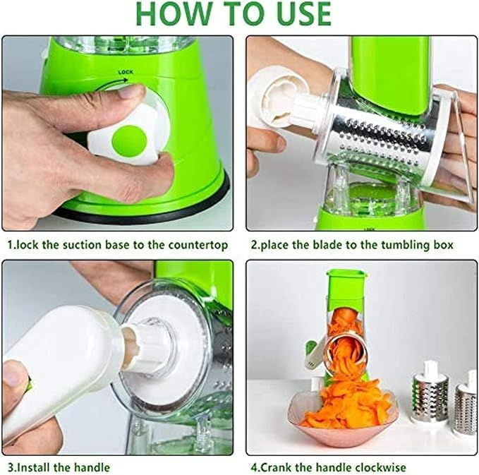3-in-1 Drum Vegetable Cutter & Rotary Cheese Grater – Multifunctional Slicer with 3 Stainless Steel Blades for Vegetables, Fruits & Cheese