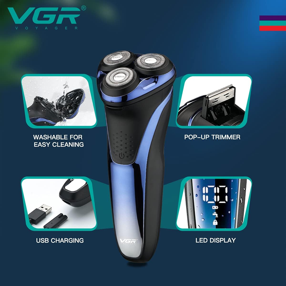 VGR V306 Waterproof Electric Shaver โ Cordless Rechargeable Rotary Razor with Pop-Up Trimmer, LED Display (Blue)