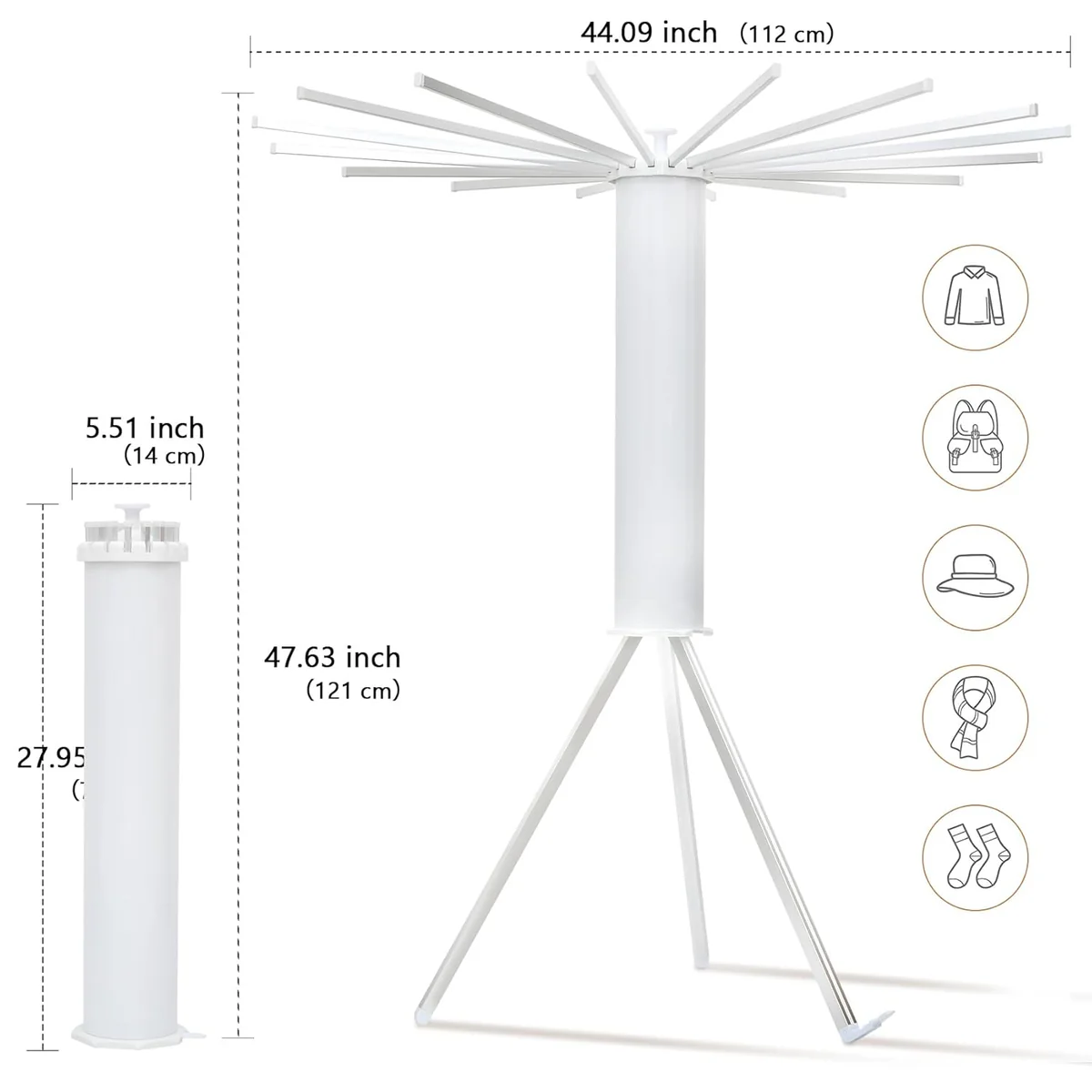 Folding Tripod Clothes Airer โ Compact Drying Rack with 16 Rotating Arms, Aluminum, Indoor/Outdoor Use