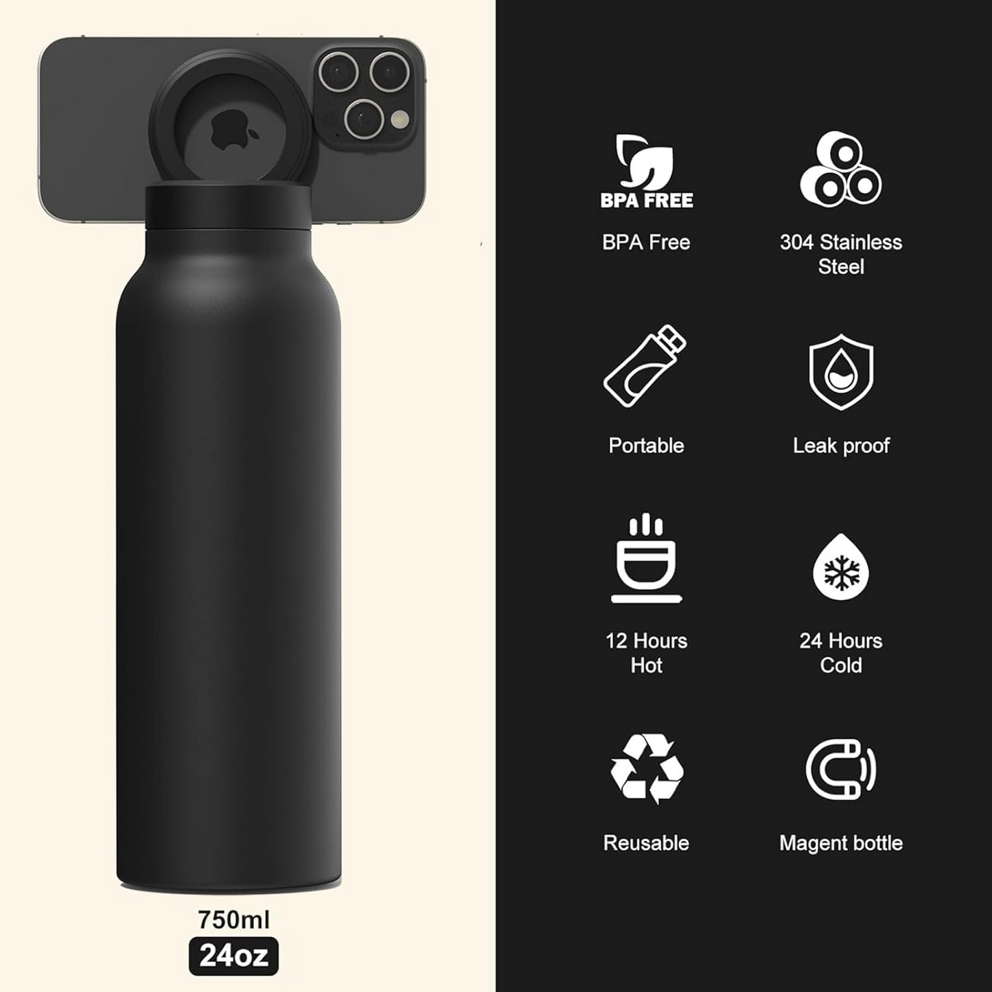 Insulated Water Bottle with Magnetic Phone Holder Stainless Steel Tumbler Compatible with MagSafe for Gym, Car, & Sports