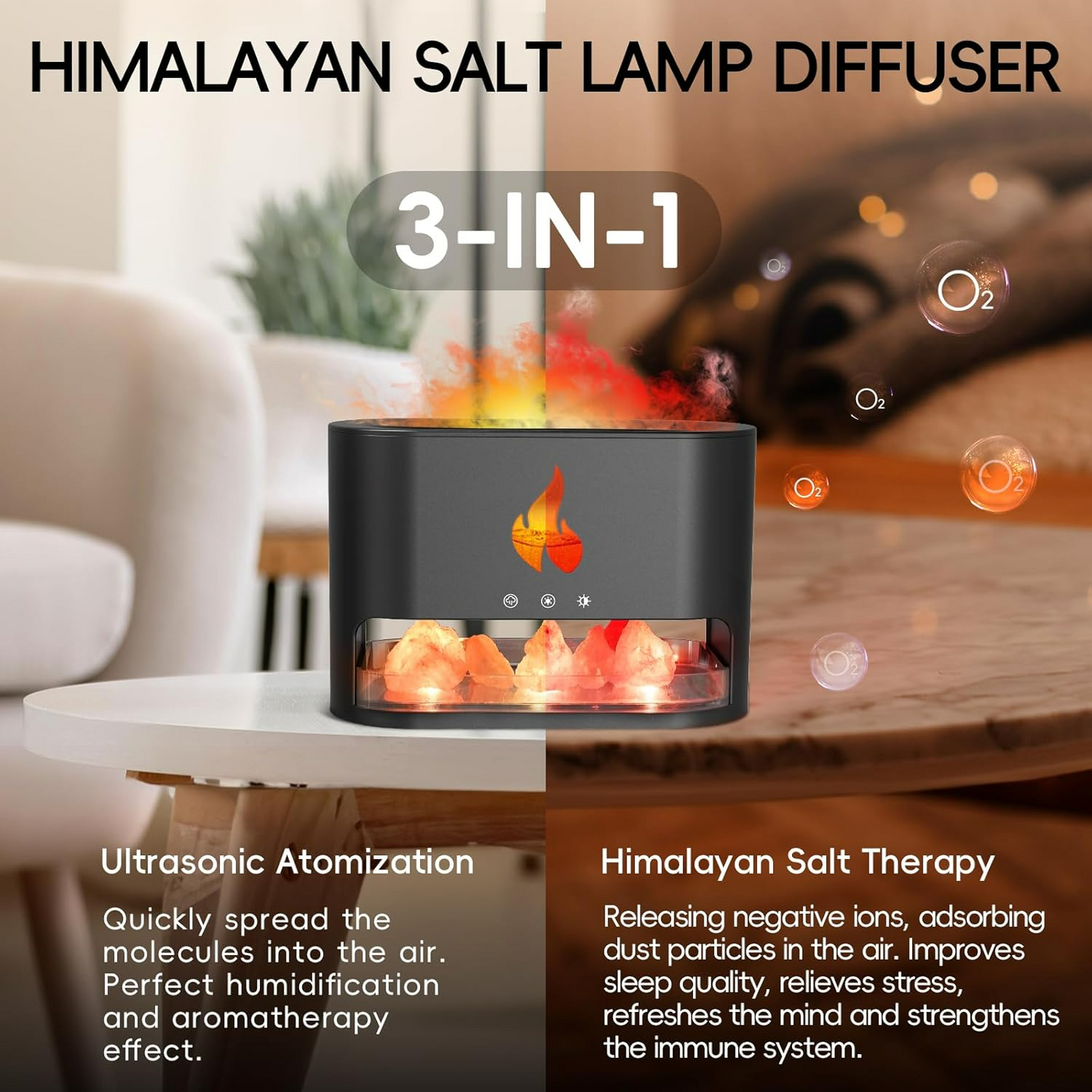3 in 1 Flame Aroma Diffuser & Himalayan Salt Lamp 250ml Cool Mist Humidifier