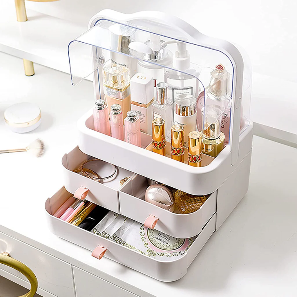 Dustproof Makeup Organizer with 3 Drawers โ Waterproof Cosmetic Storage Box