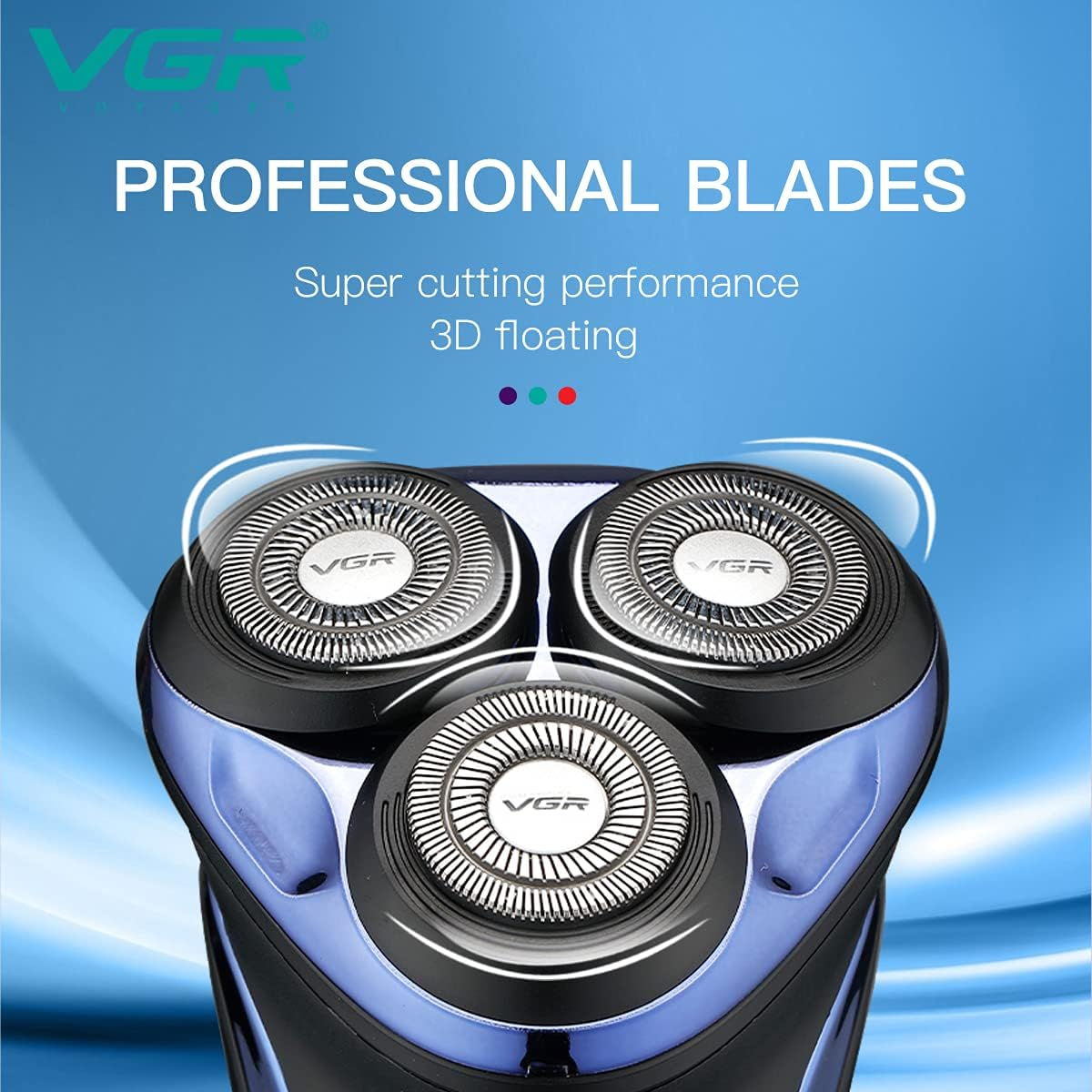 VGR V306 Waterproof Electric Shaver โ Cordless Rechargeable Rotary Razor with Pop-Up Trimmer, LED Display (Blue)