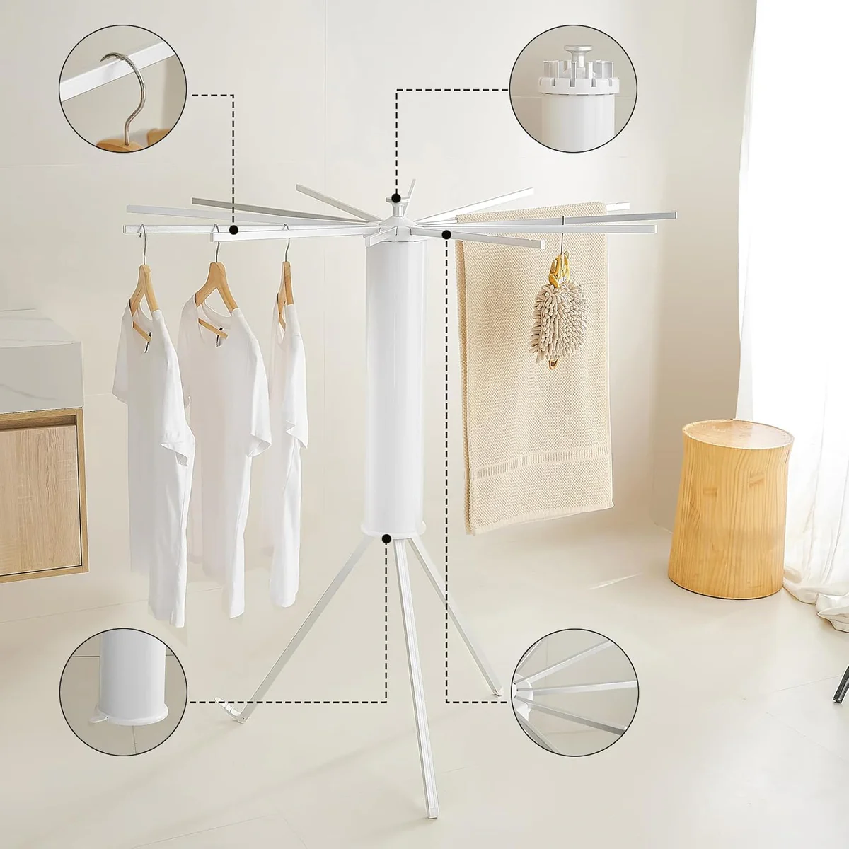Folding Tripod Clothes Airer โ Compact Drying Rack with 16 Rotating Arms, Aluminum, Indoor/Outdoor Use