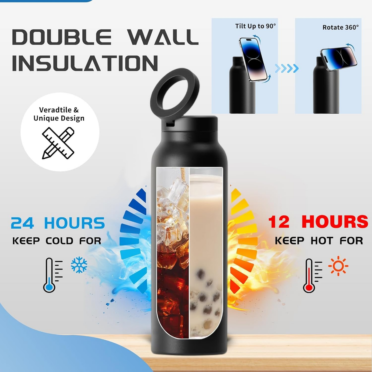 Insulated Water Bottle with Magnetic Phone Holder Stainless Steel Tumbler Compatible with MagSafe for Gym, Car, & Sports