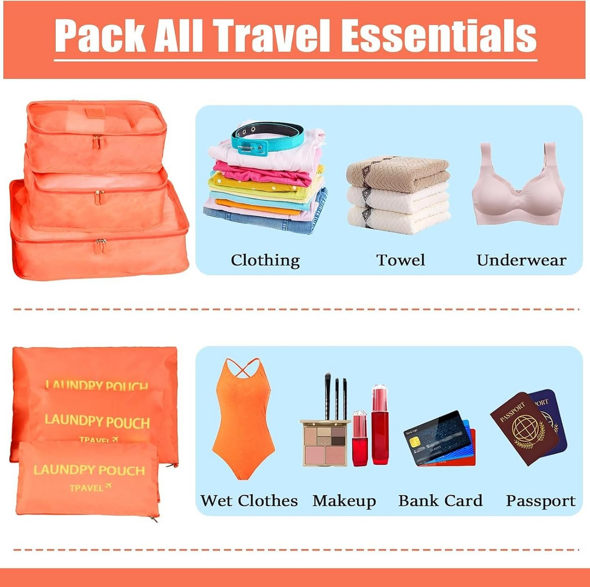 6-Piece Travel Packing Cubes Set – Foldable Luggage Organizer Bags