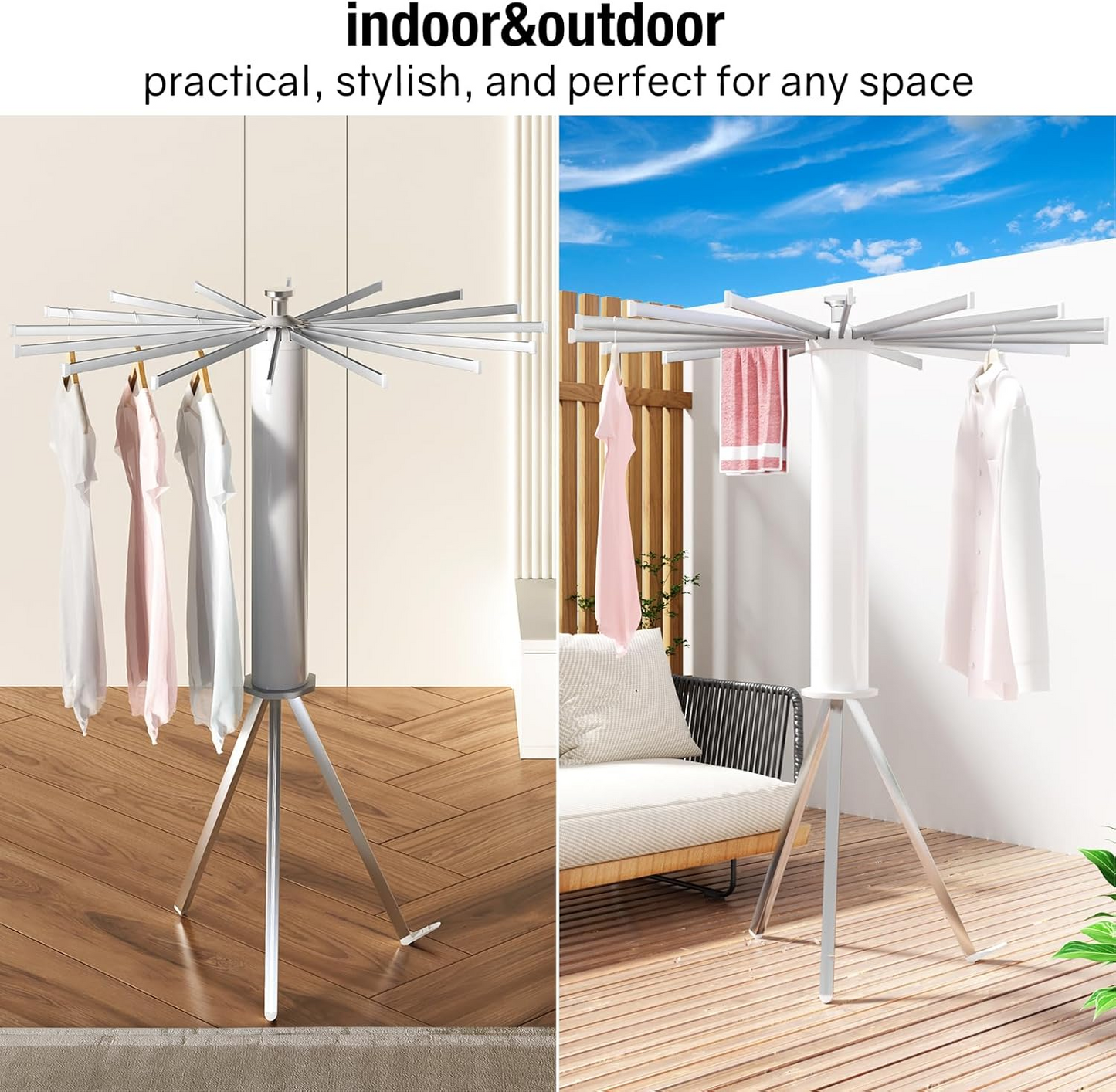 Folding Tripod Clothes Airer โ Compact Drying Rack with 16 Rotating Arms, Aluminum, Indoor/Outdoor Use