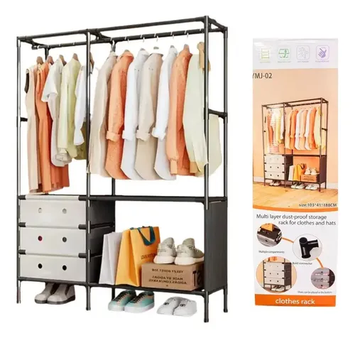 Metal Double Row Coat Rack with Shoe Shelf & Bag Hooks