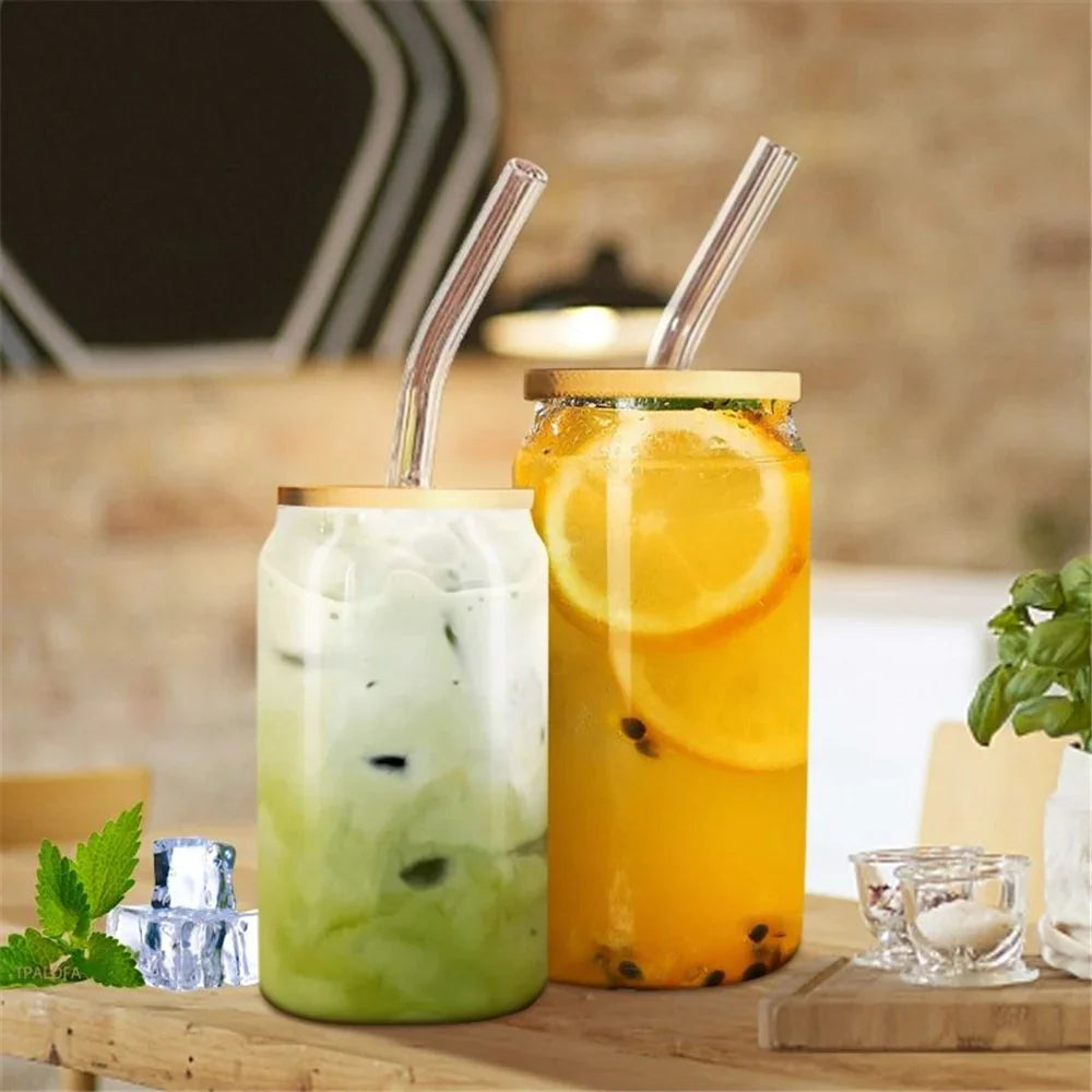 Coffee Can Shaped Glass with lid and straw 540ml