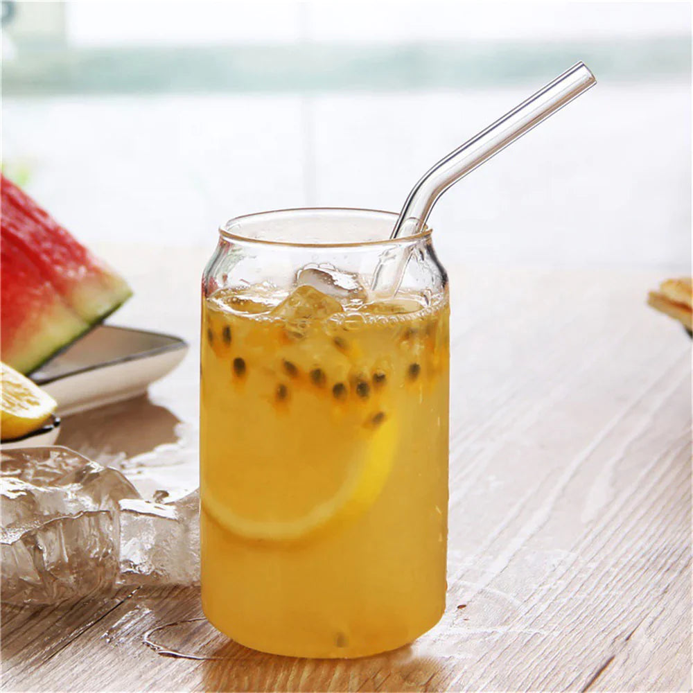Coffee Can Shaped Glass with lid and straw 540ml