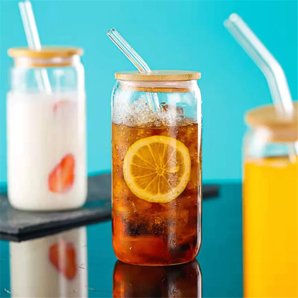 Coffee Can Shaped Glass with lid and straw 540ml