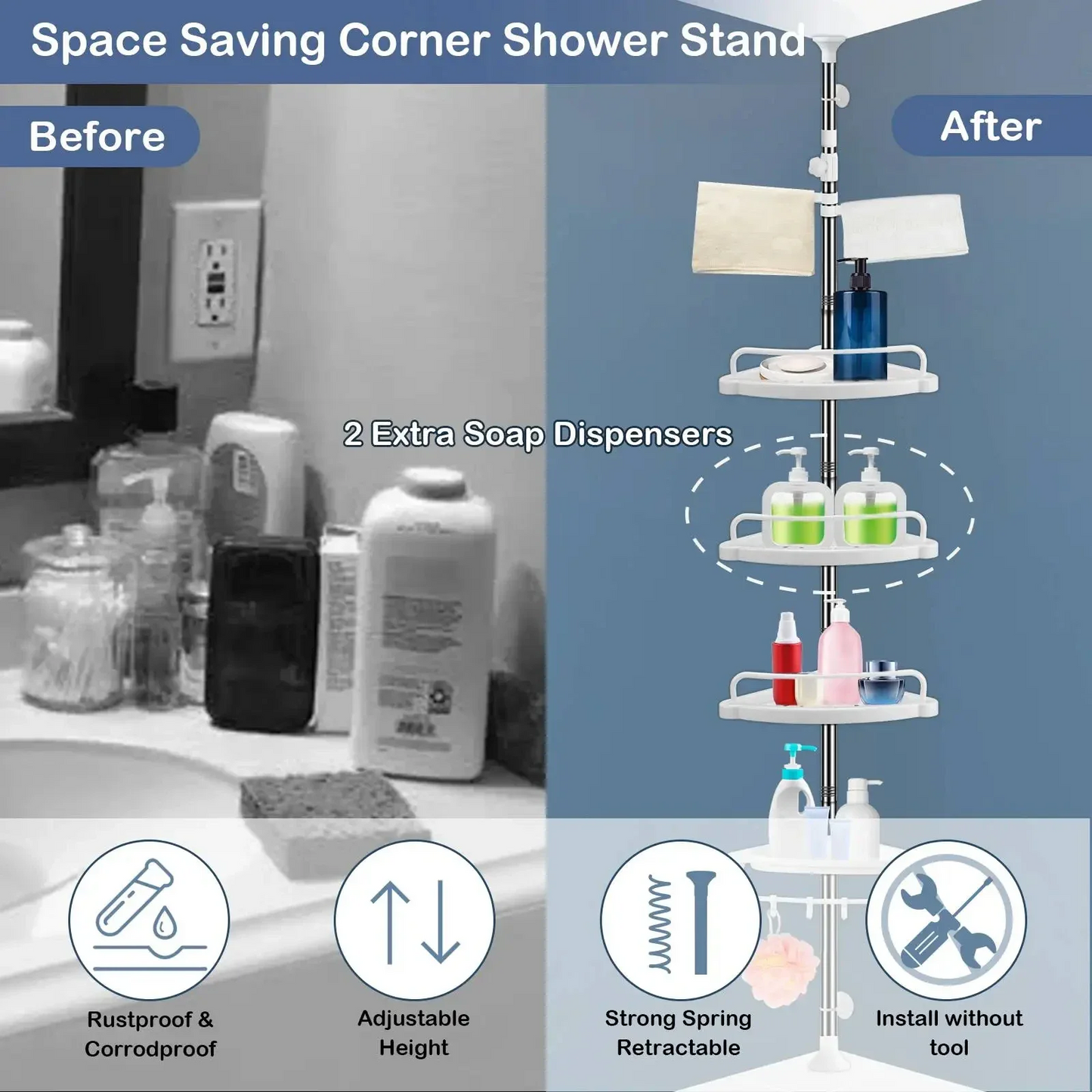 4 Tier Bathroom Corner Shelf with Towel Holder โ Wall Mounted Storage Rack for Toiletries & Towels
