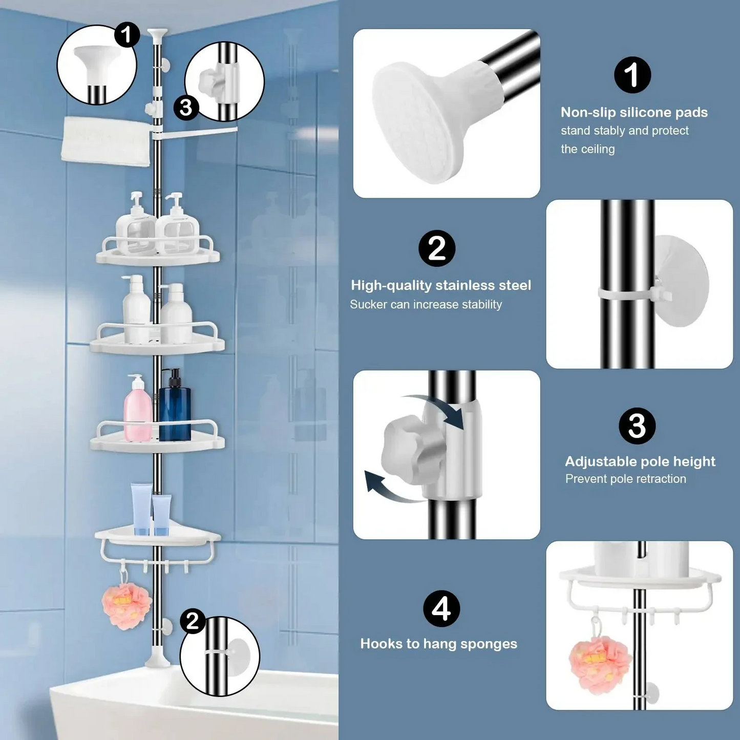 4 Tier Bathroom Corner Shelf with Towel Holder โ Wall Mounted Storage Rack for Toiletries & Towels