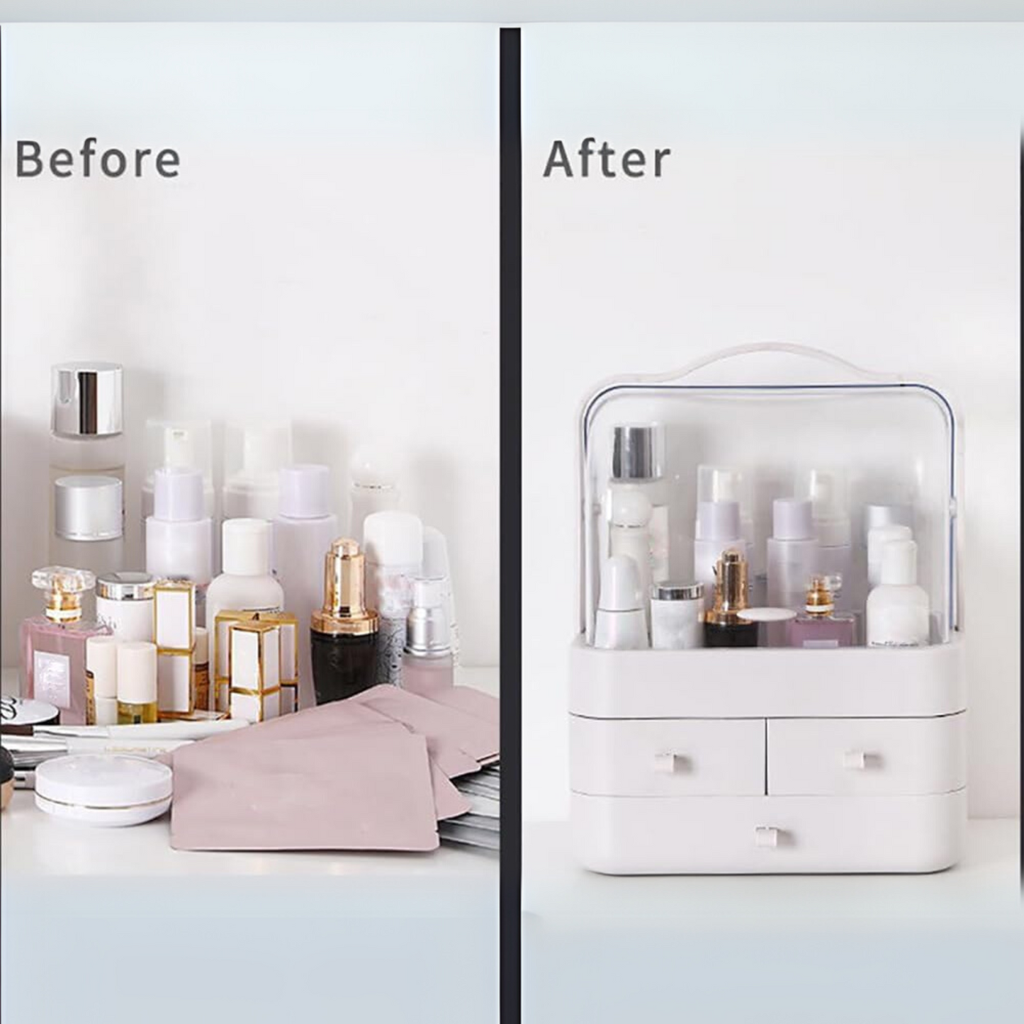 Dustproof Makeup Organizer with 3 Drawers โ Waterproof Cosmetic Storage Box