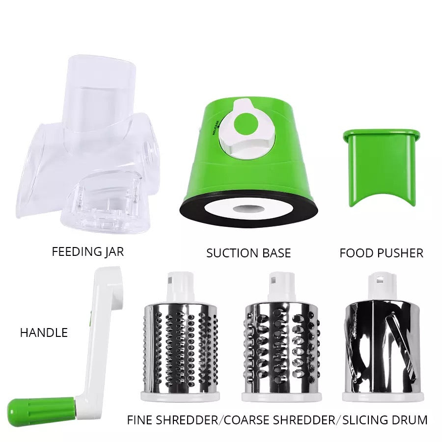 3-in-1 Drum Vegetable Cutter & Rotary Cheese Grater – Multifunctional Slicer with 3 Stainless Steel Blades for Vegetables, Fruits & Cheese