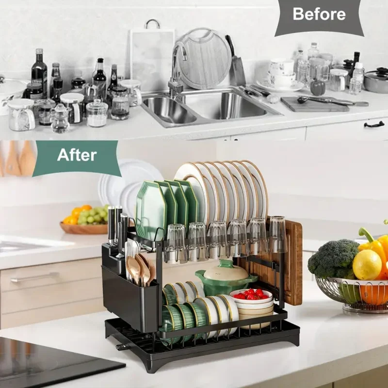 Kitchen 2-Tier Dish Drying Rack with Drainage Tray & Utensil Holders