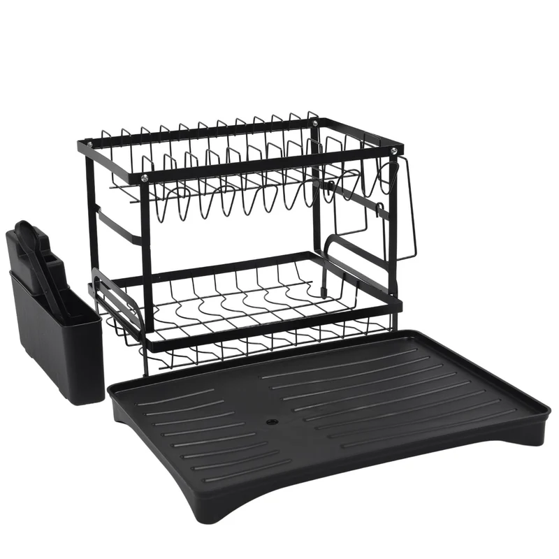 Kitchen 2-Tier Dish Drying Rack with Drainage Tray & Utensil Holders