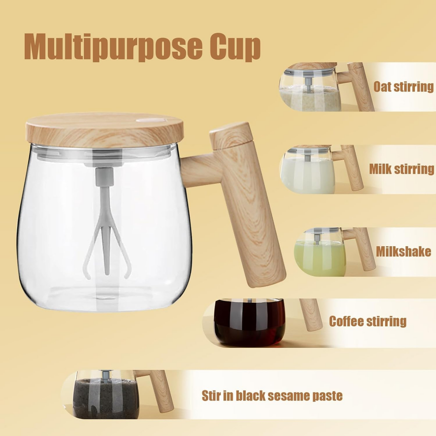 Self Stirring Coffee Mug, Glass Electric Self Mixing Cup with Lid & Handle