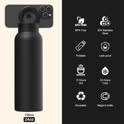 Insulated Water Bottle with Magnetic Phone Holder Stainless Steel Tumbler Compatible with MagSafe for Gym, Car, & Sports