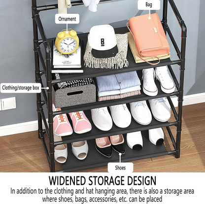3-in-1 Coat Rack & Shoe Rack Organizer 4 Tier Storage Organizer with Hooks