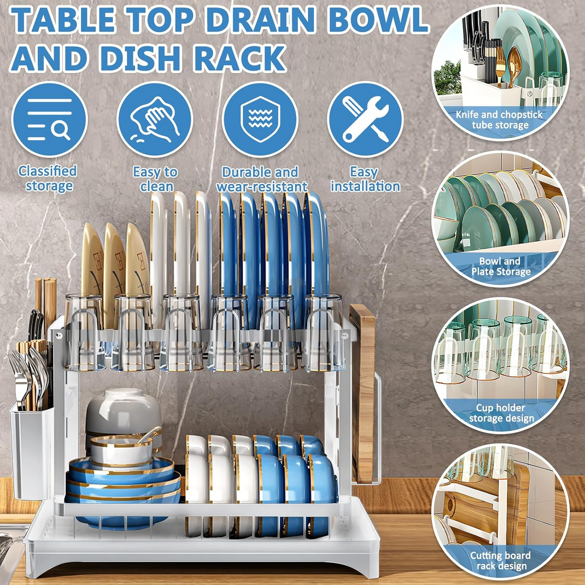 Kitchen 2-Tier Dish Drying Rack with Drainage Tray & Utensil Holders