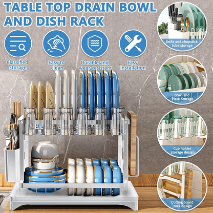 Kitchen 2-Tier Dish Drying Rack with Drainage Tray & Utensil Holders