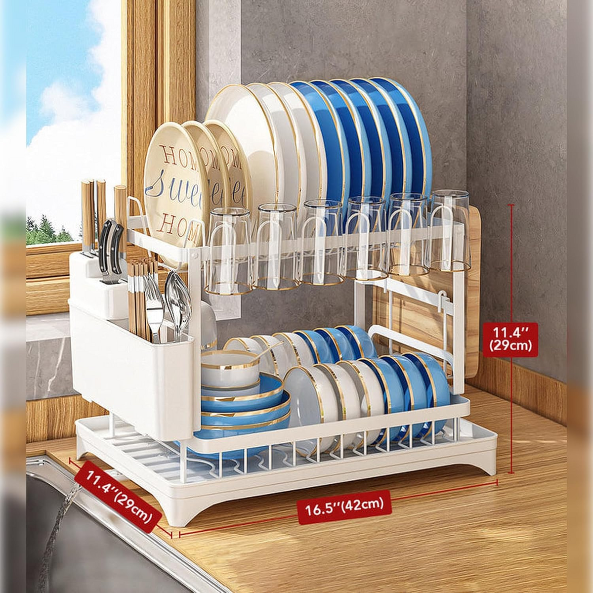 Kitchen 2-Tier Dish Drying Rack with Drainage Tray & Utensil Holders