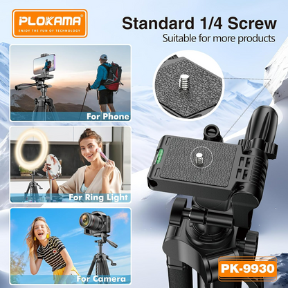 PLOKAMA Professional Tripod 150cm – 360° Rotation with Bluetooth Remote PK-9930