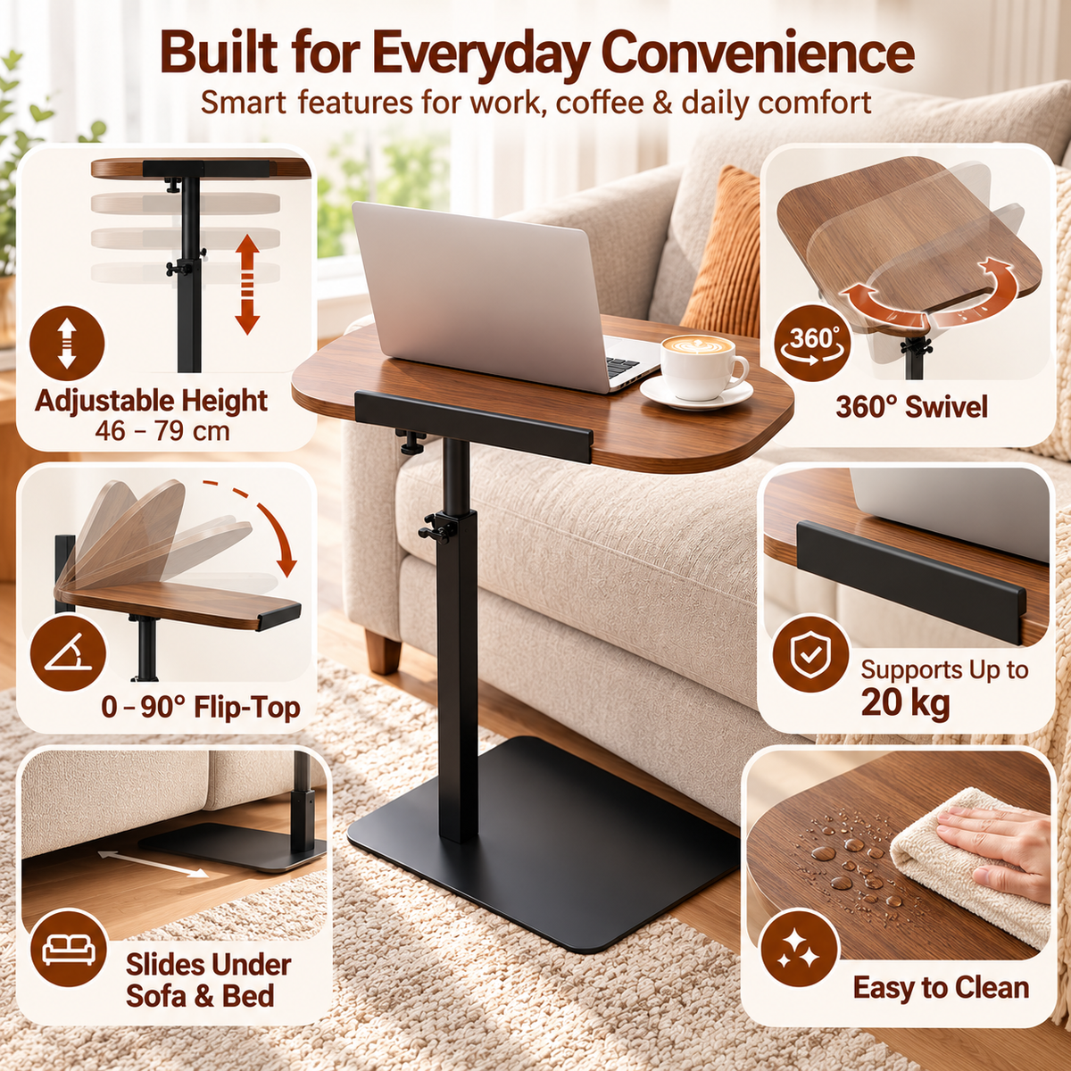 Adjustable C-Shaped Side Table – 360° Swivel Laptop Table