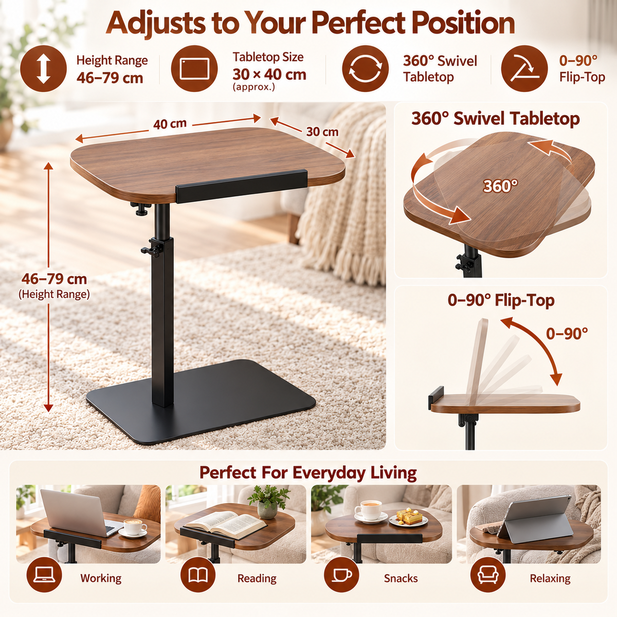 Adjustable C-Shaped Side Table – 360° Swivel Laptop Table