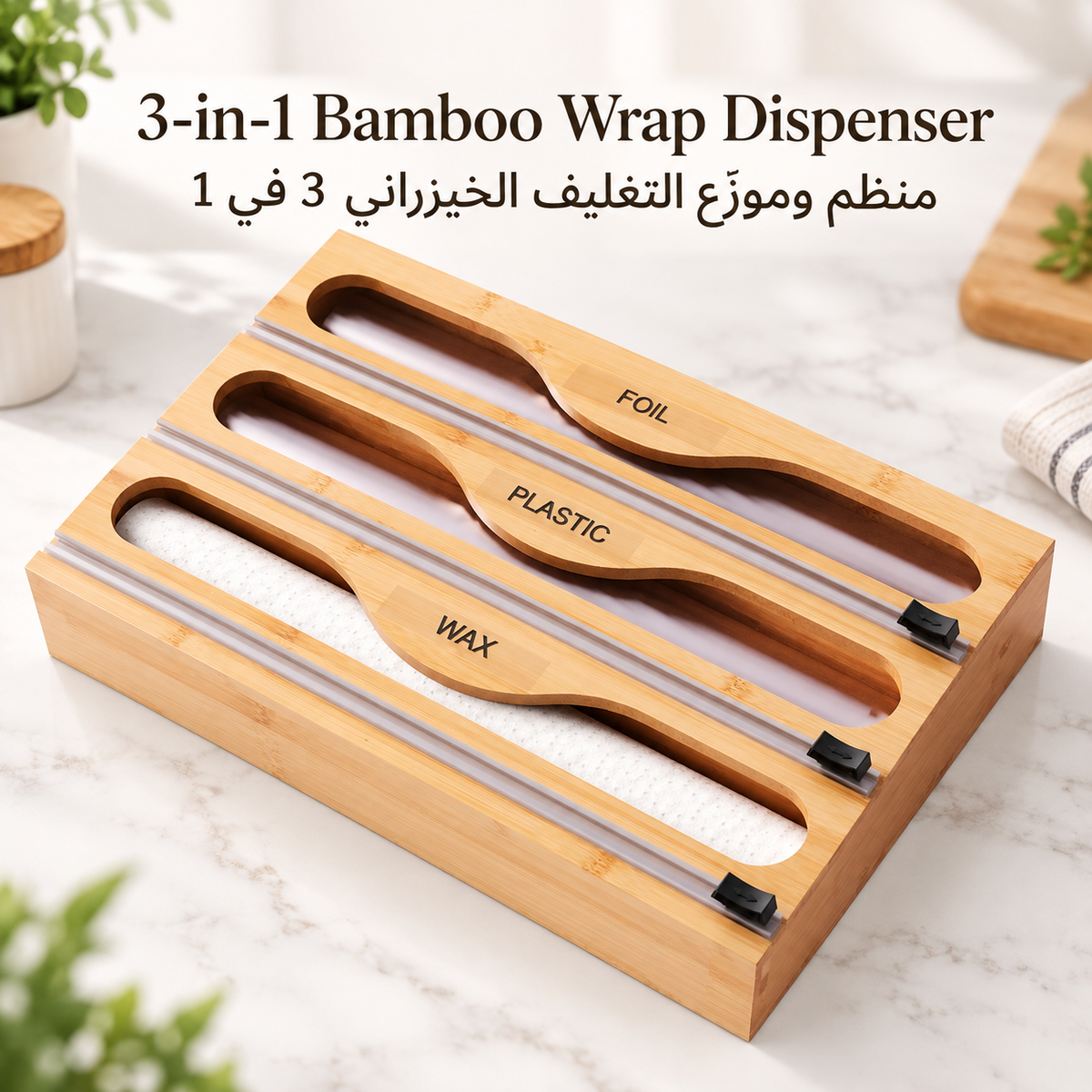 Plastic Wrap Organizer For Kitchen,Bamboo 3-in-1
