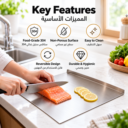 Stainless Steel Cutting Board with Lip for Kitchen, Chopping Boards with Grey Non-slip Mat, Cutting Board with Counter Lip for Meat, Fruits, Vegetables, Bread,Dough