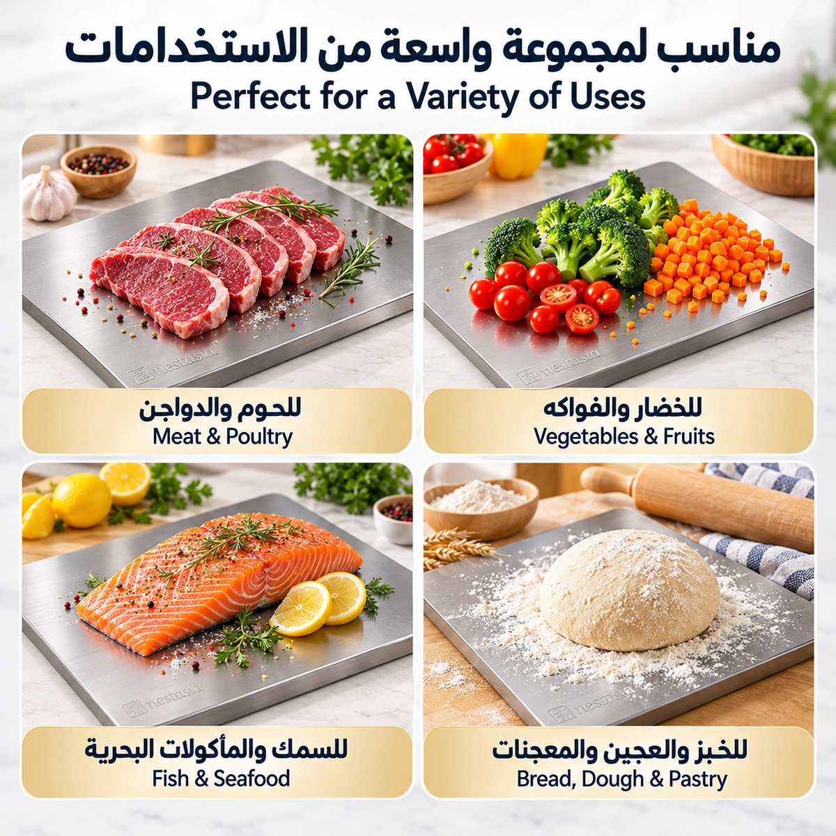 Stainless Steel Cutting Board with Lip for Kitchen, Chopping Boards with Grey Non-slip Mat, Cutting Board with Counter Lip for Meat, Fruits, Vegetables, Bread,Dough