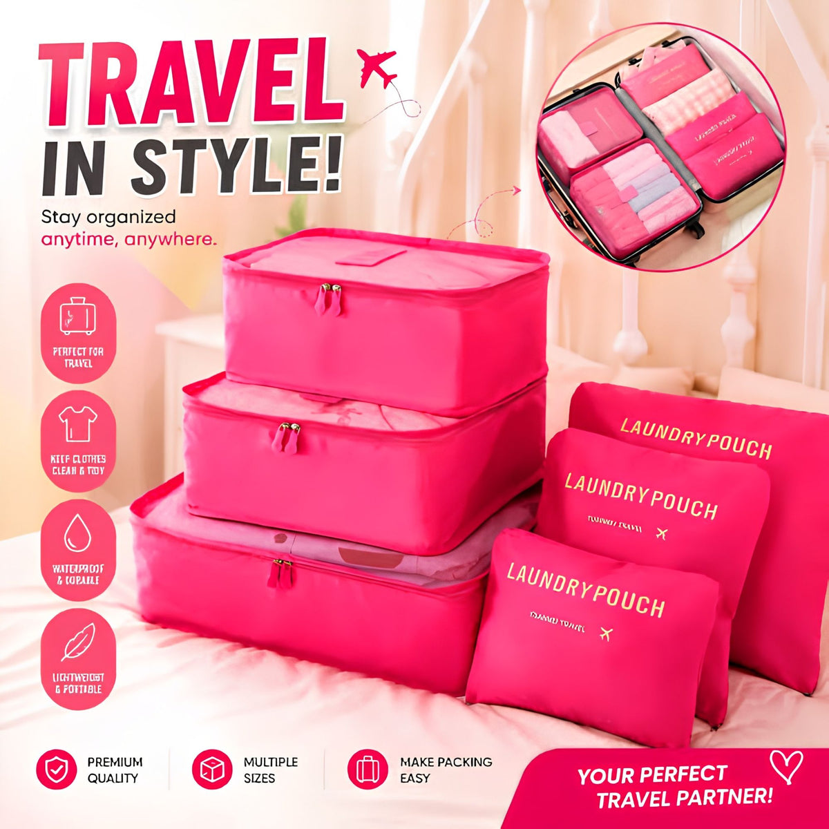 6-Piece Travel Packing Cubes Set – Foldable Luggage Organizer Bags