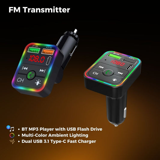 Bluetooth FM Transmitter F2 , MP3 Player with USB Flash Drive, Multi-Color Ambient Lighting, Dual USB 3.1 Type-C Fast Charger, and FM.
