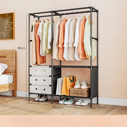 Metal Double Row Coat Rack with Shoe Shelf & Bag Hooks