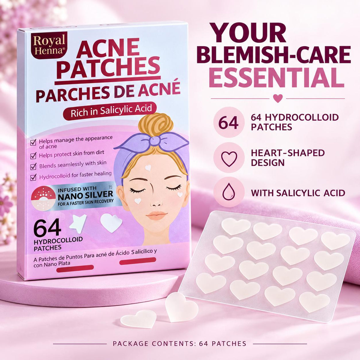 Heart-Shaped Hydrocolloid Acne Patches with Salicylic Acid – 64 Pieces