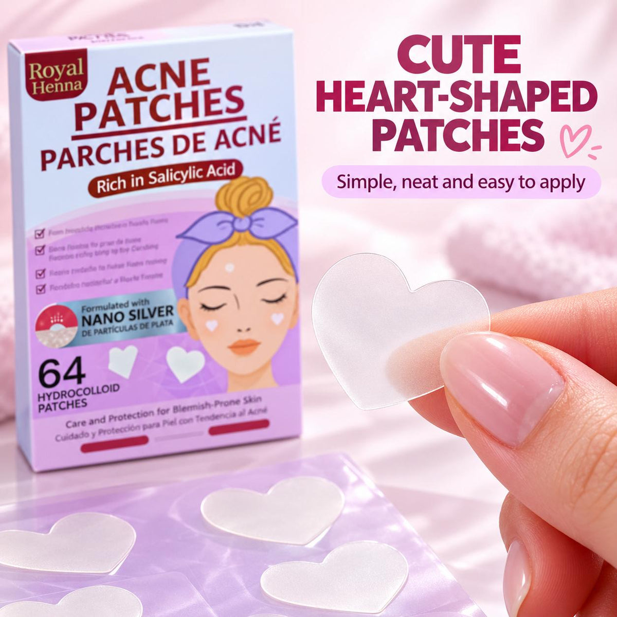 Heart-Shaped Hydrocolloid Acne Patches with Salicylic Acid – 64 Pieces
