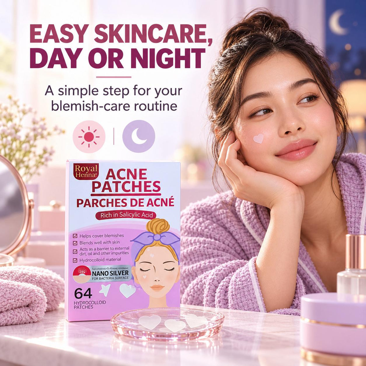 Heart-Shaped Hydrocolloid Acne Patches with Salicylic Acid – 64 Pieces