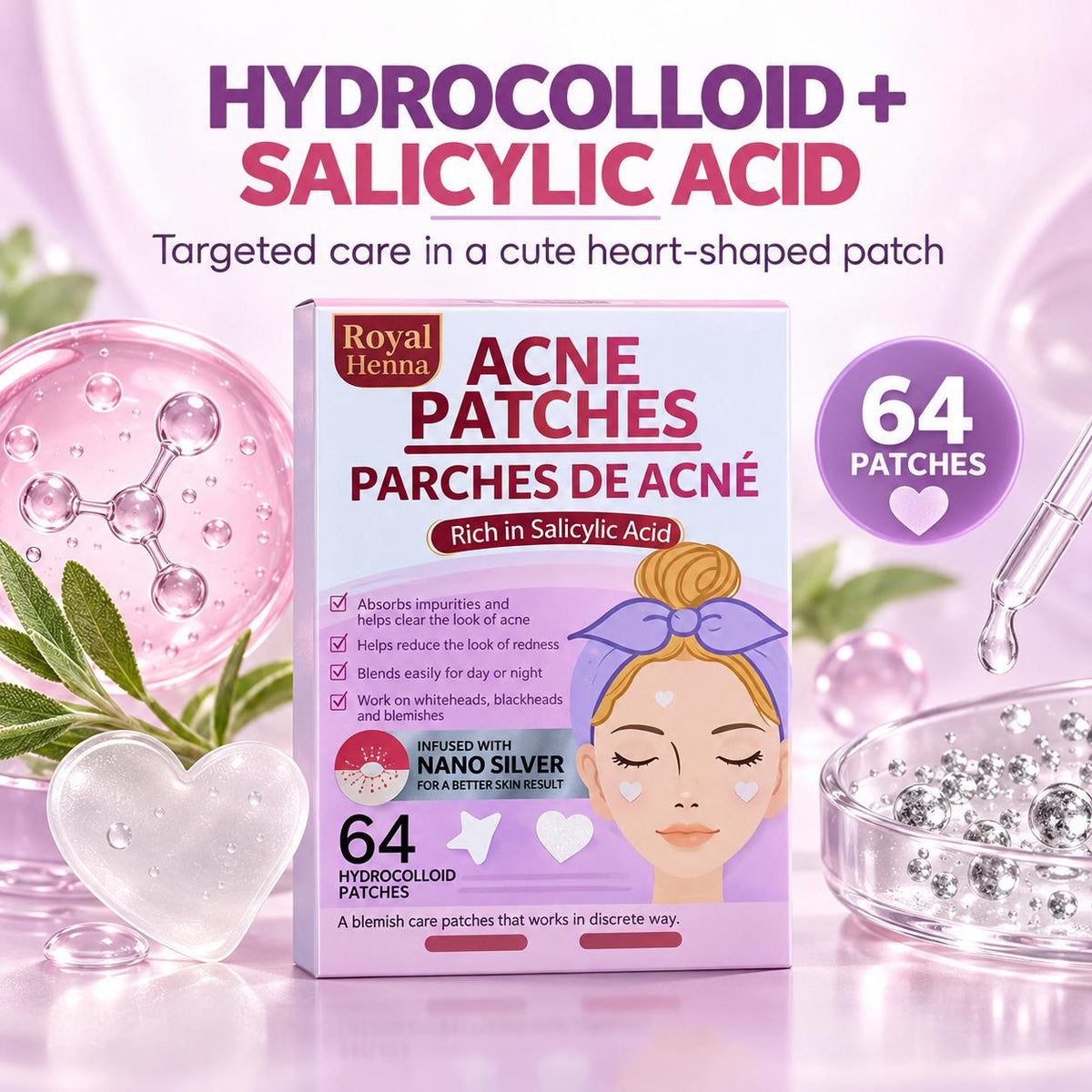 Heart-Shaped Hydrocolloid Acne Patches with Salicylic Acid – 64 Pieces