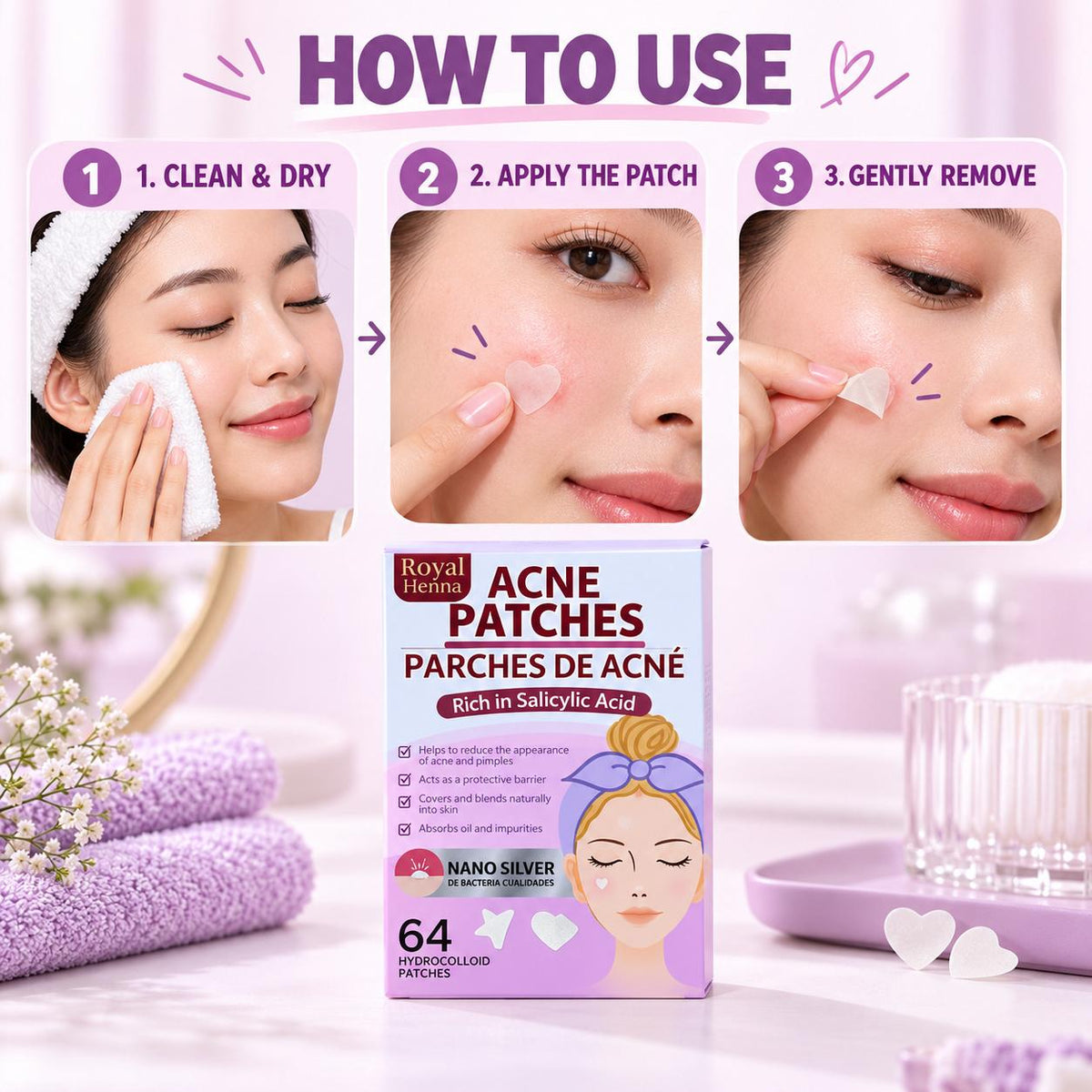 Heart-Shaped Hydrocolloid Acne Patches with Salicylic Acid – 64 Pieces