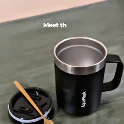 Black double-wall stainless steel vacuum insulated coffee mug with a handle and lid